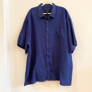 PRONTO UOMO Mens‎ 3XL Classic Fit Short Sleeve 100% Linen Button Down Shirt Blue